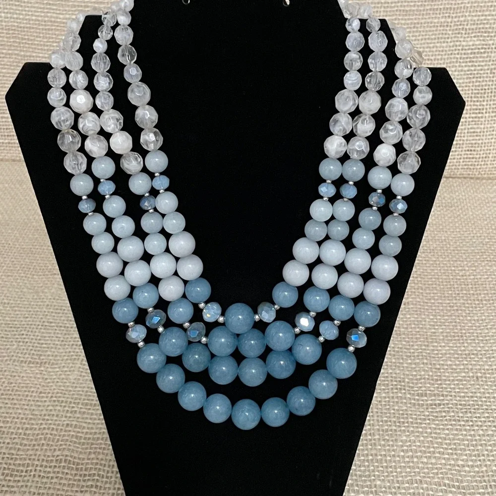 Chicos Multi Strand Beaded Necklace Blue White Faceted Accent Clasp Closure 16in